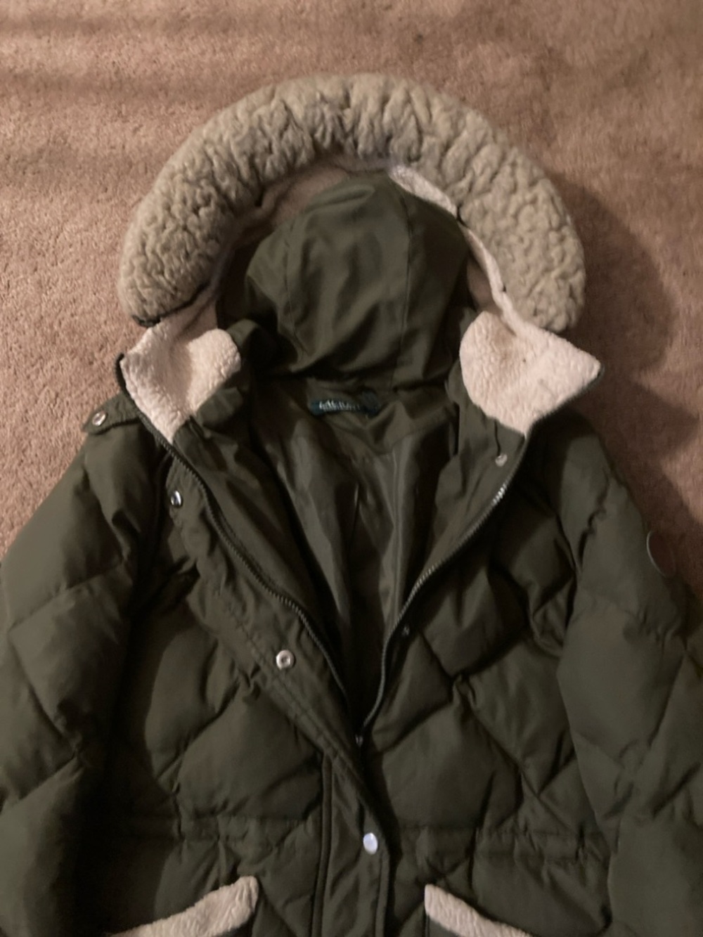 Ralph Lauren Olive Green Quilted Puffer Coat with Faux-Fur Trim